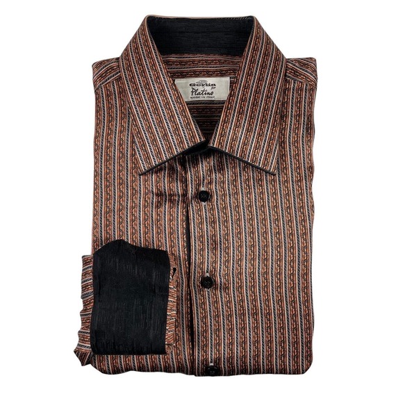 Gerlin Platino Pure Silk Vibrant Brown Blue Blue Patterned Mens Button Front L